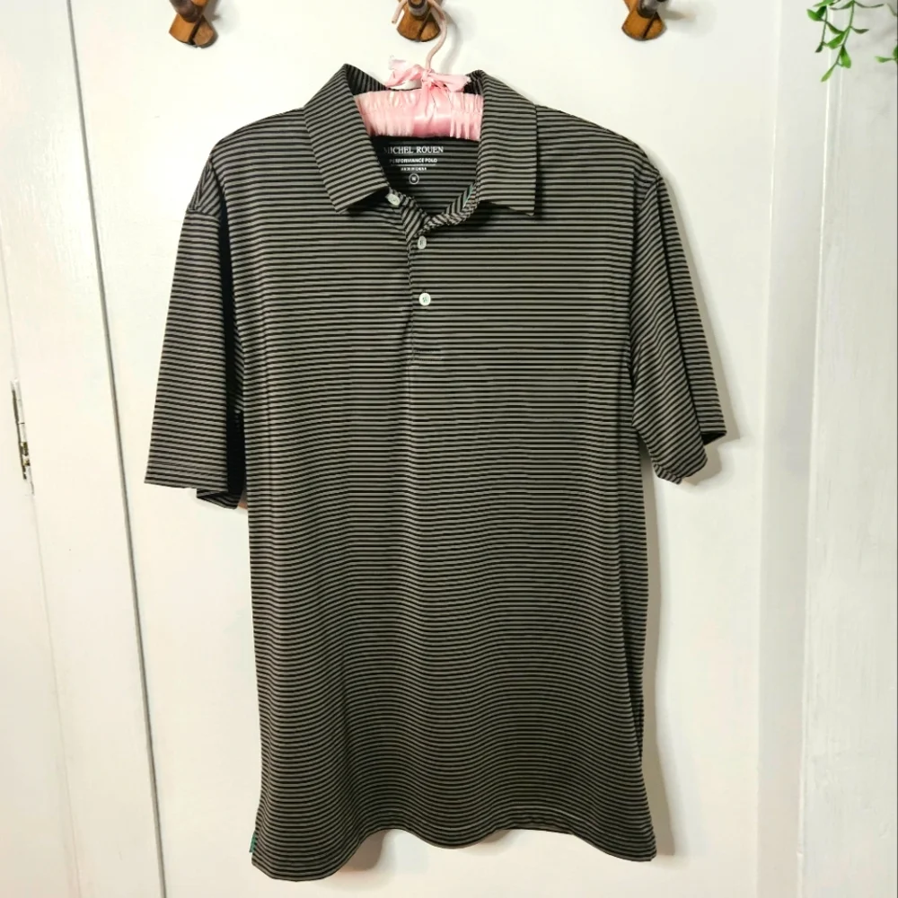 Michel Rouen Performance Polo Men's Black Striped Shirt Size Medium‎